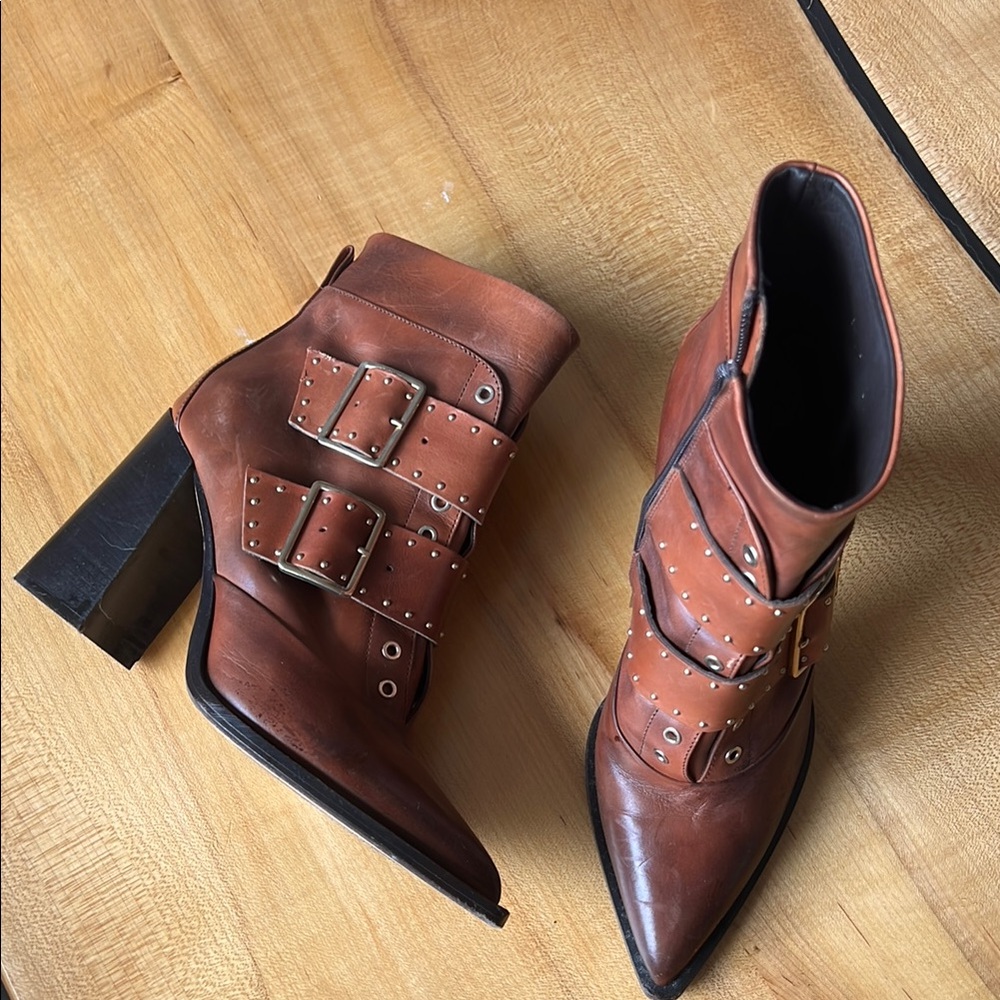 Brown Leather Ankle Boots with Buckle Detail